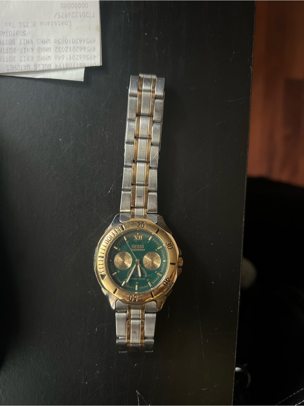 Vintage 1990s GUESS Waterpro Green Dial Two-Tone Watch w/ Original Case & Papers